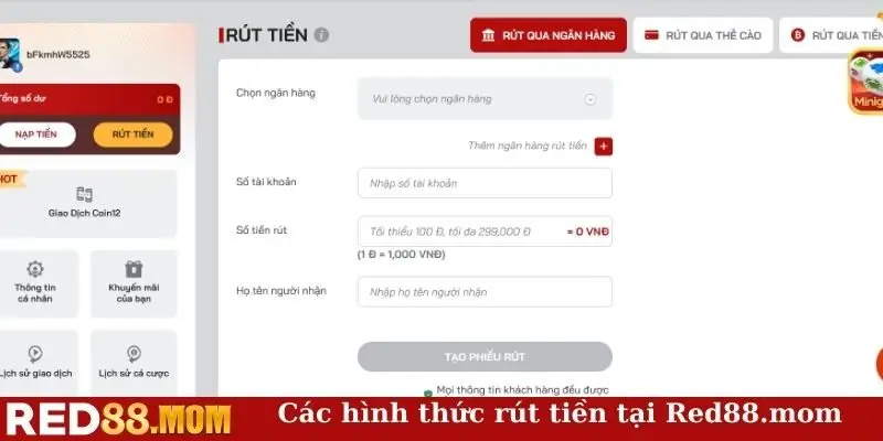 Các hình thức rút tiền tại Red88.mom
