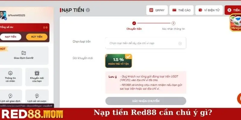 Nạp tiền Red88 cần chú ý gì?