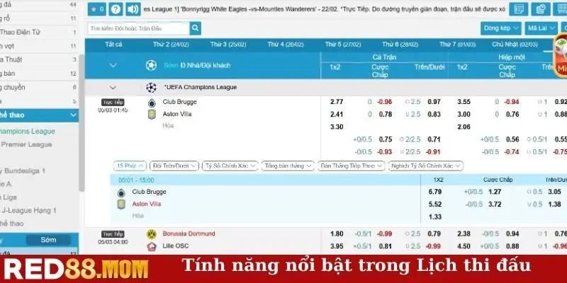 Tính năng nổi bật trong lịch thi đấu